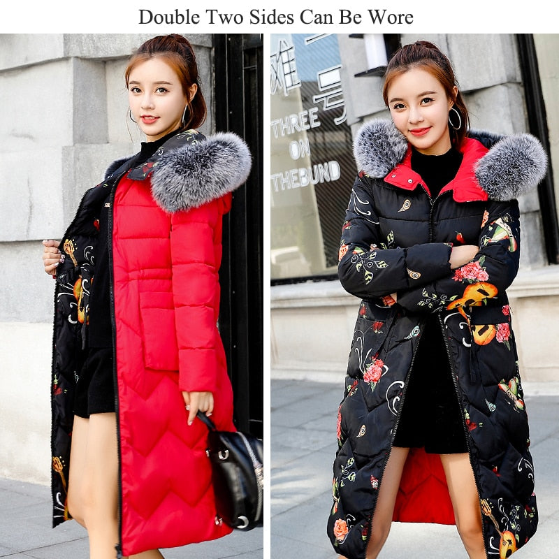 Both Two Sides Can Be Wore 2022 Women Winter Jacket New Arrival With Fur Hooded Long Coat Cotton Padded Warm Parka Womens Parkas