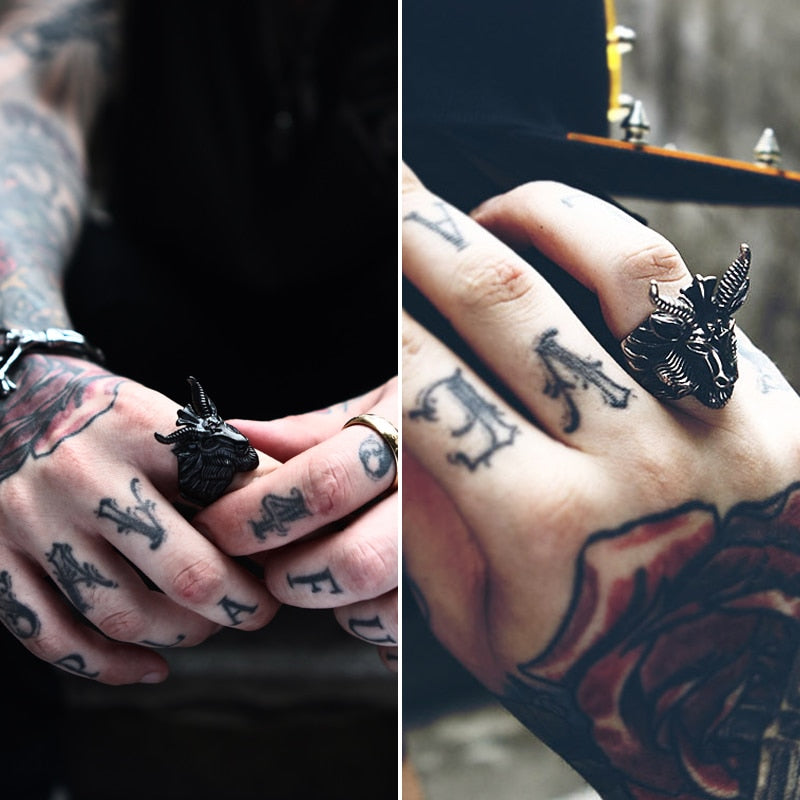 BEIER Vintage Stainless Steel Satan sign pentagram big goat head Ring Biker Punk Animal Jewelry for men free shipping BR8-182