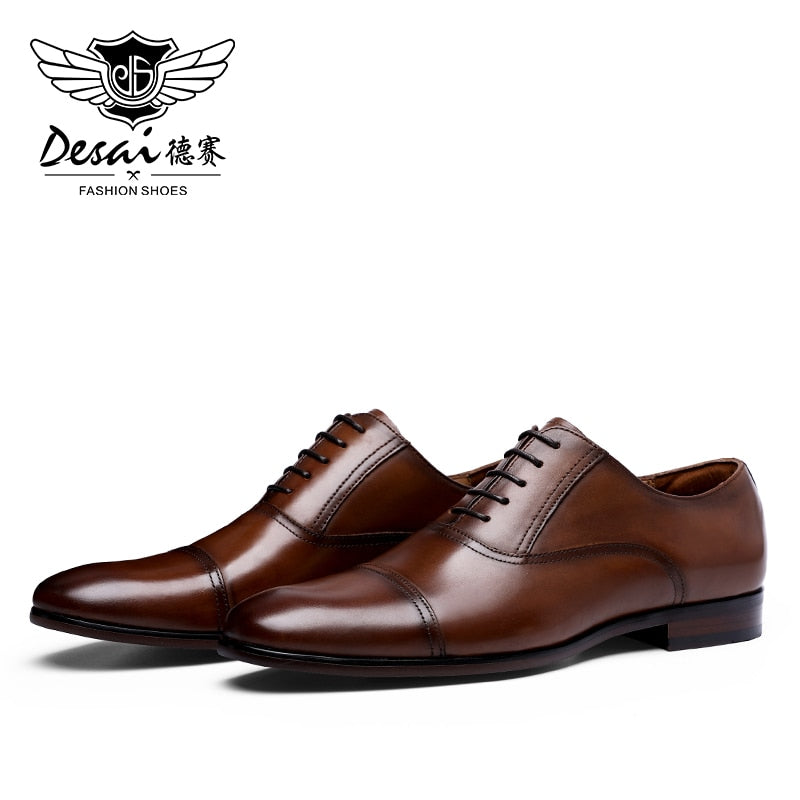 DESAI Brand Full Grain Genuine Leather Business Men Dress Shoes Retro Patent Leather Oxford Shoes For Men EU Size 38-47