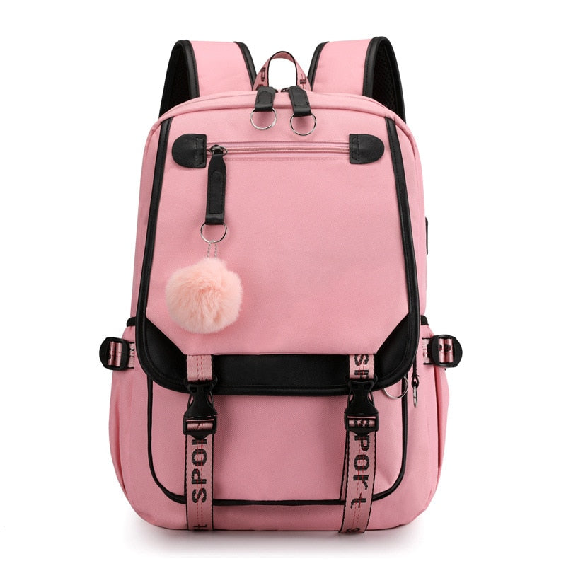 Fengdong large school bags for teenage girls USB port canvas schoolbag student book bag fashion black pink teen school backpack