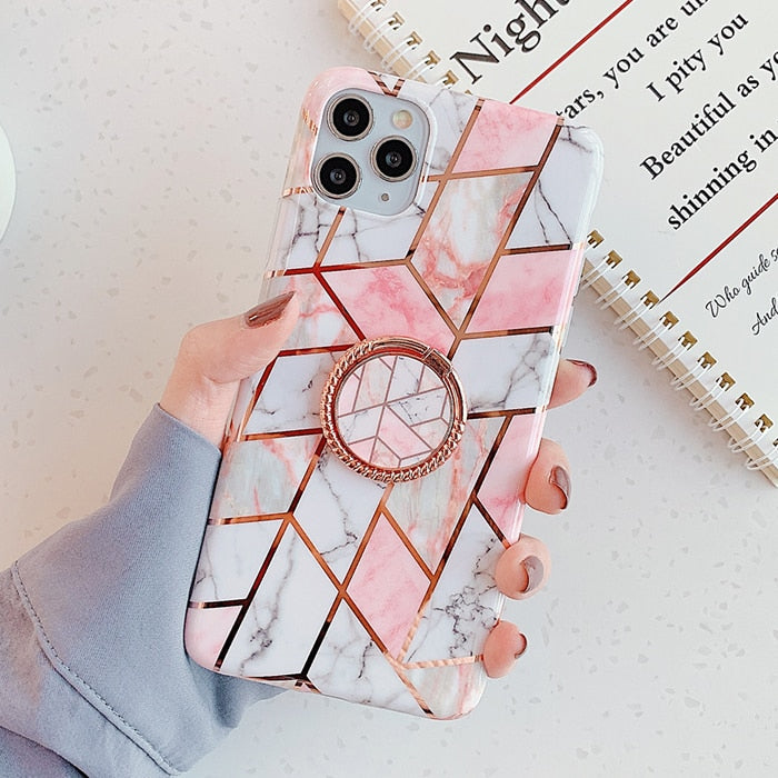 LACK Plating Geometric Marble Ring Stand Phone Case For iphone 13 Cute Flowers Cases For iphone 12Pro XR X XS 11 7 8Plus Cover