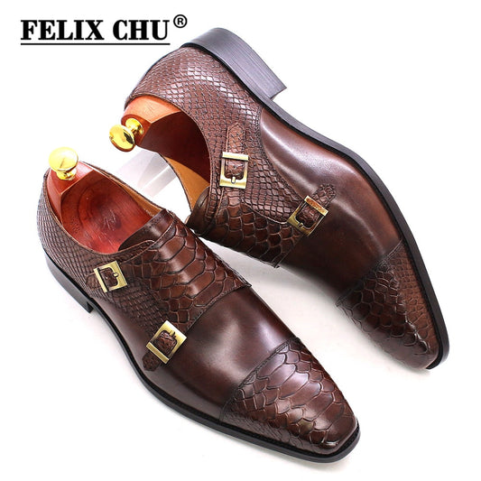 Size 47 Size 13 Mens Dress Shoes Genuine Leather Double Buckle Monk Strap Men Shoes Snake Print Cap Toe Classic Italian Shoes