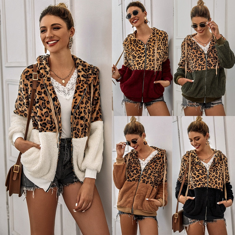 New Leopard Patchwork Women Teddy Coat Autumn Hooded Fluffy Plush Winter Faux Fur Jacket Coat Women Coat Fur Sweater Hoodie