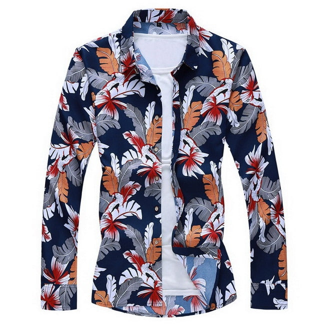 Men&#39;S Fashions 2022 Autumn Spring Clothes Shirt  Long Sleeves  Big Size M-5XL 6XL 7XL Hawaiian Beach Casual Floral Shirt For Man