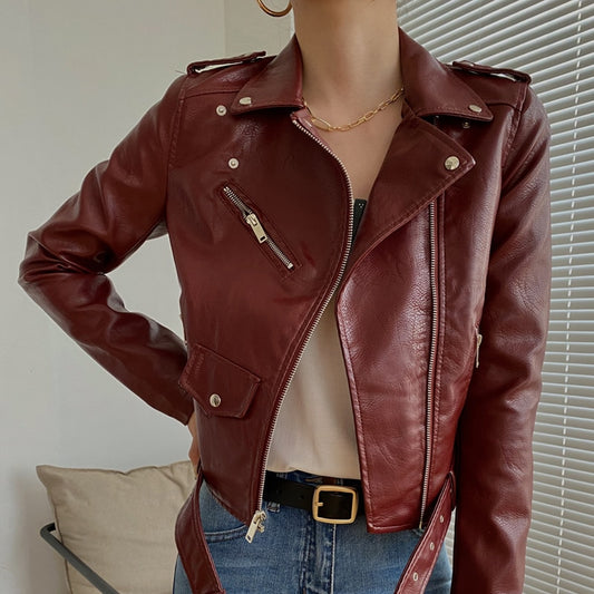 New 2022 Fashion Women's Leather Jacket Female PU Leather Jacket Motorcycle Coat Slim Faux Leather Jacket Black Red Coat