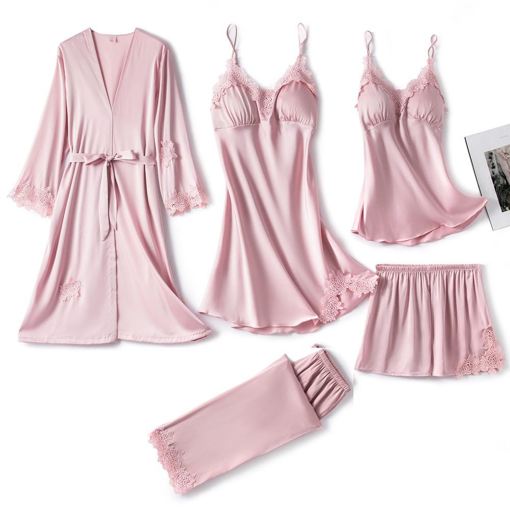 5PC Silk Robe Sleep Suit Womens Lace Satin Pajamas Gown Set V-Neck Cami Nighties Wear Pijama Home Nightwear Spring Nightdress