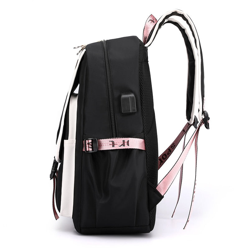 Fengdong large school bags for teenage girls USB port canvas schoolbag student book bag fashion black pink teen school backpack