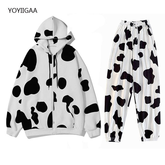 Cow Printed Women Hoodies 2 Piece Sets Autumn Winter Female Hoodie Tracksuits Thicken Warm Ladies Girls Hoodie Sweatshirt Suits