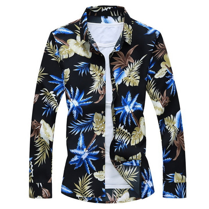 Men&#39;S Fashions 2022 Autumn Spring Clothes Shirt  Long Sleeves  Big Size M-5XL 6XL 7XL Hawaiian Beach Casual Floral Shirt For Man