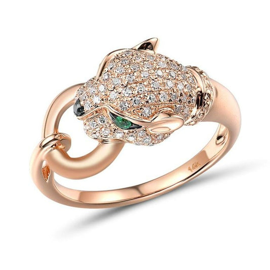 VISTOSO Gold Ring For Women Genuine 14K 585 Rose Gold Leopard Ring Emerald Sparkling Diamond Engagement Anniversary Fine Jewelry