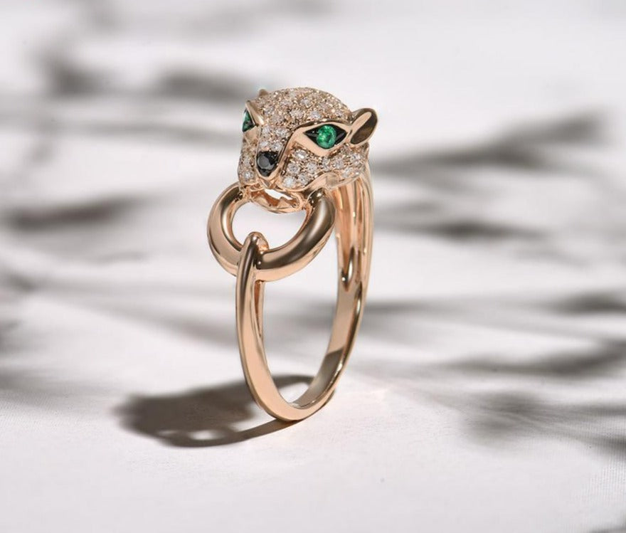 VISTOSO Gold Ring For Women Genuine 14K 585 Rose Gold Leopard Ring Emerald Sparkling Diamond Engagement Anniversary Fine Jewelry