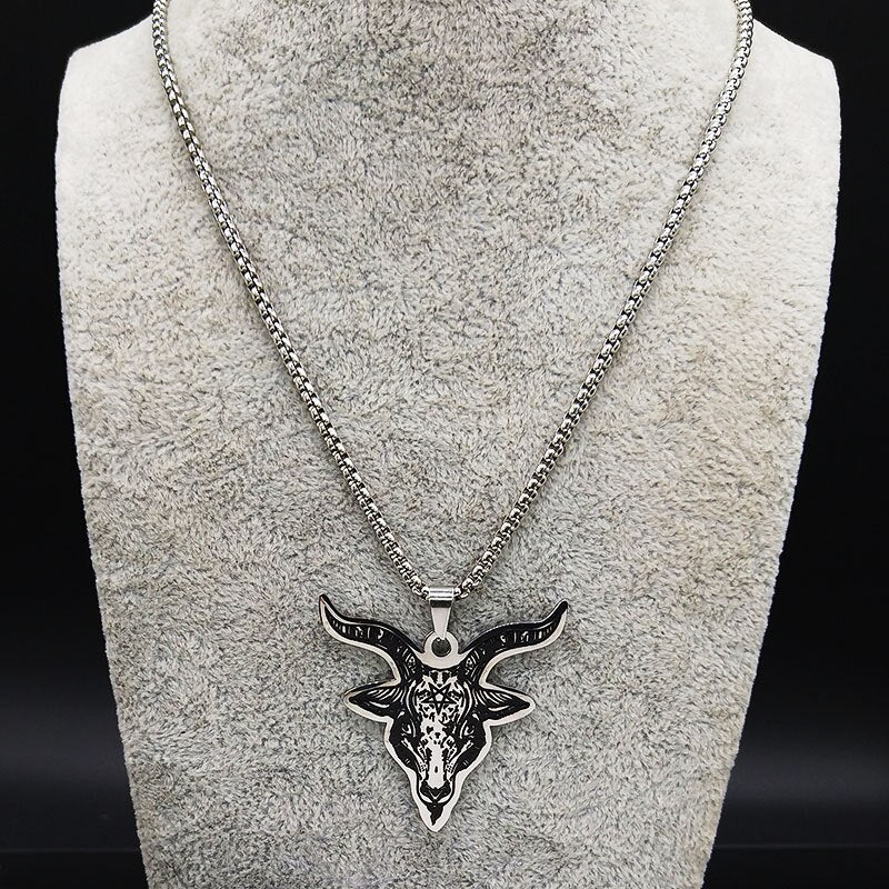 Stainless Steel Satan Sheep Head Necklace Jewelry Silver Color Statement Necklace for Men Jewelry cadenas para hombre N3261S03