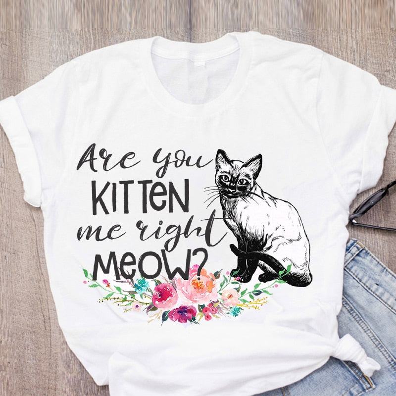 Women Cat Mother Flower Floral Pet Short Sleeve Fashion Print Summer Lady Womens Clothing Tops T-Shirt Shirt Tees Female T Shirt