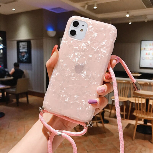 LACK Conch Shell Tape Necklace Lanyard Phone Case for 12 11Pro XS Max XR X 7 8Plus SE Strap Cord Chain Carry Cover Cases Hang