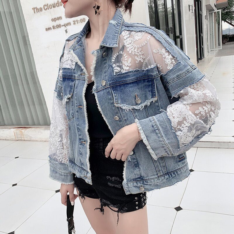 New Summer Long Sleeve Large Size Jeans Jackets Women's Coat Loose Lace Stitching Perspective Top Jacket Ladies Denim Coat