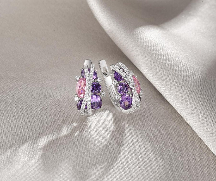 SANTUZZA 925 Silver Jewelry Set for Women Sparkling Purple Amethyst Pink Cubic Zirconia Earrings Ring Set Luxury Fine Jewelry