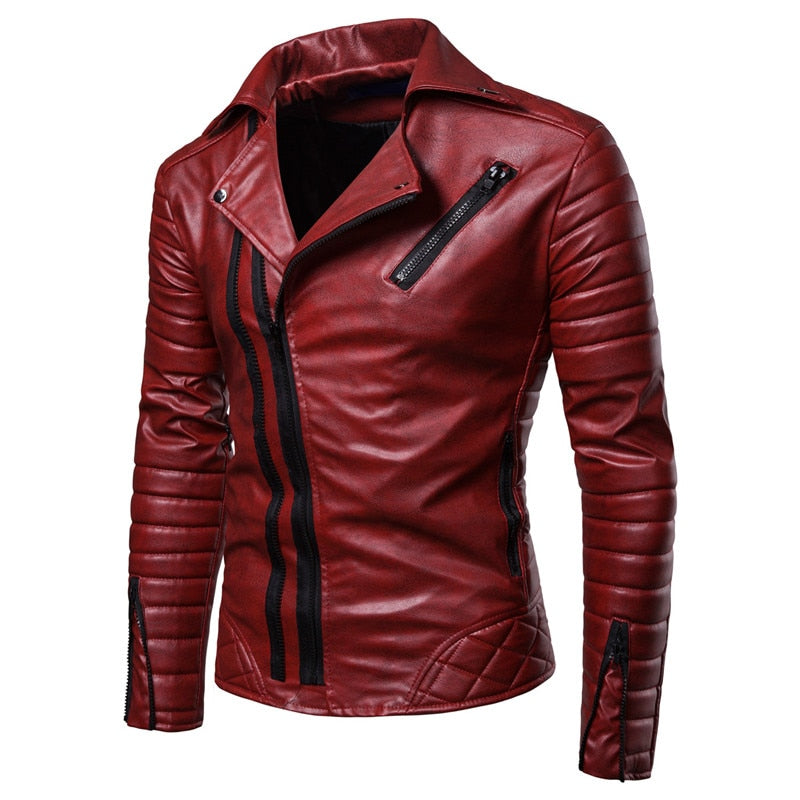 Obique Zipper Motorcycle Leather Jacket Men 2018 Stylish Striped Winter Windproof Casaco Masculino PU Leather Jackets Coats Mens