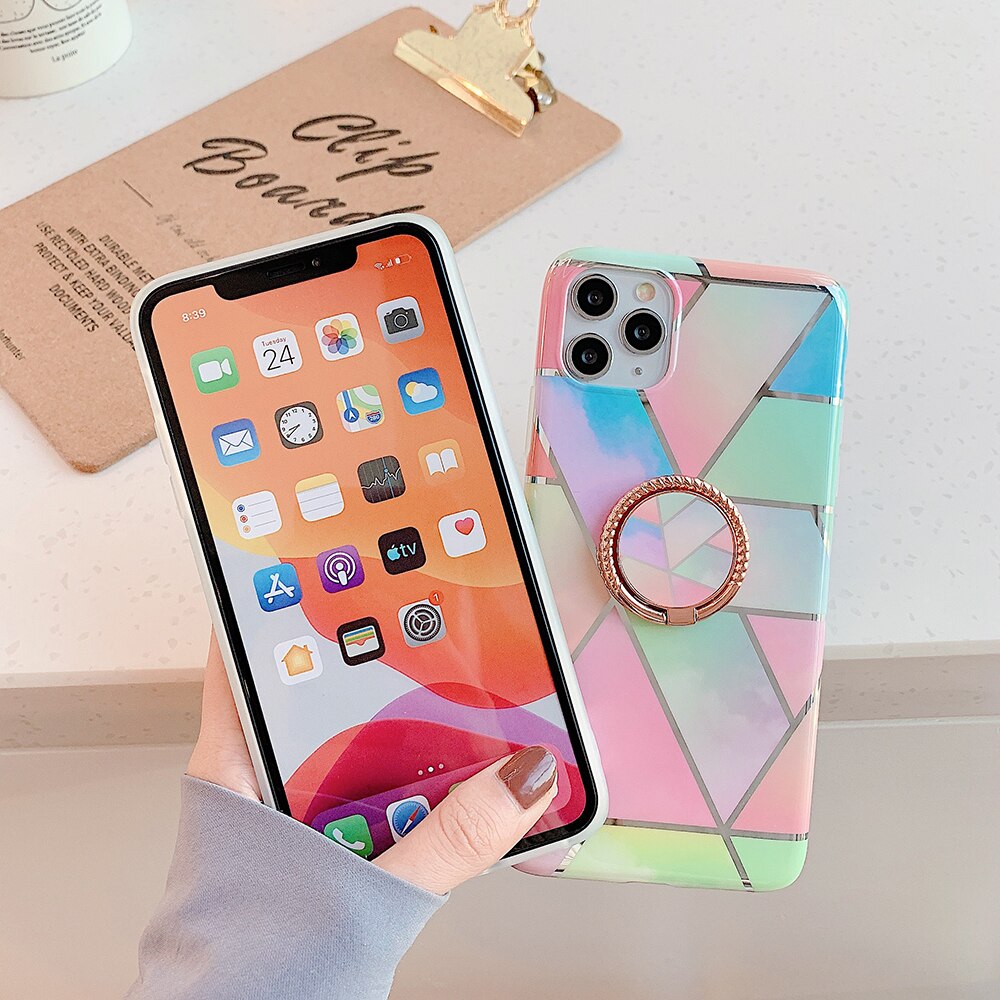 LACK Plating Geometric Marble Ring Stand Phone Case For iphone 13 Cute Flowers Cases For iphone 12Pro XR X XS 11 7 8Plus Cover