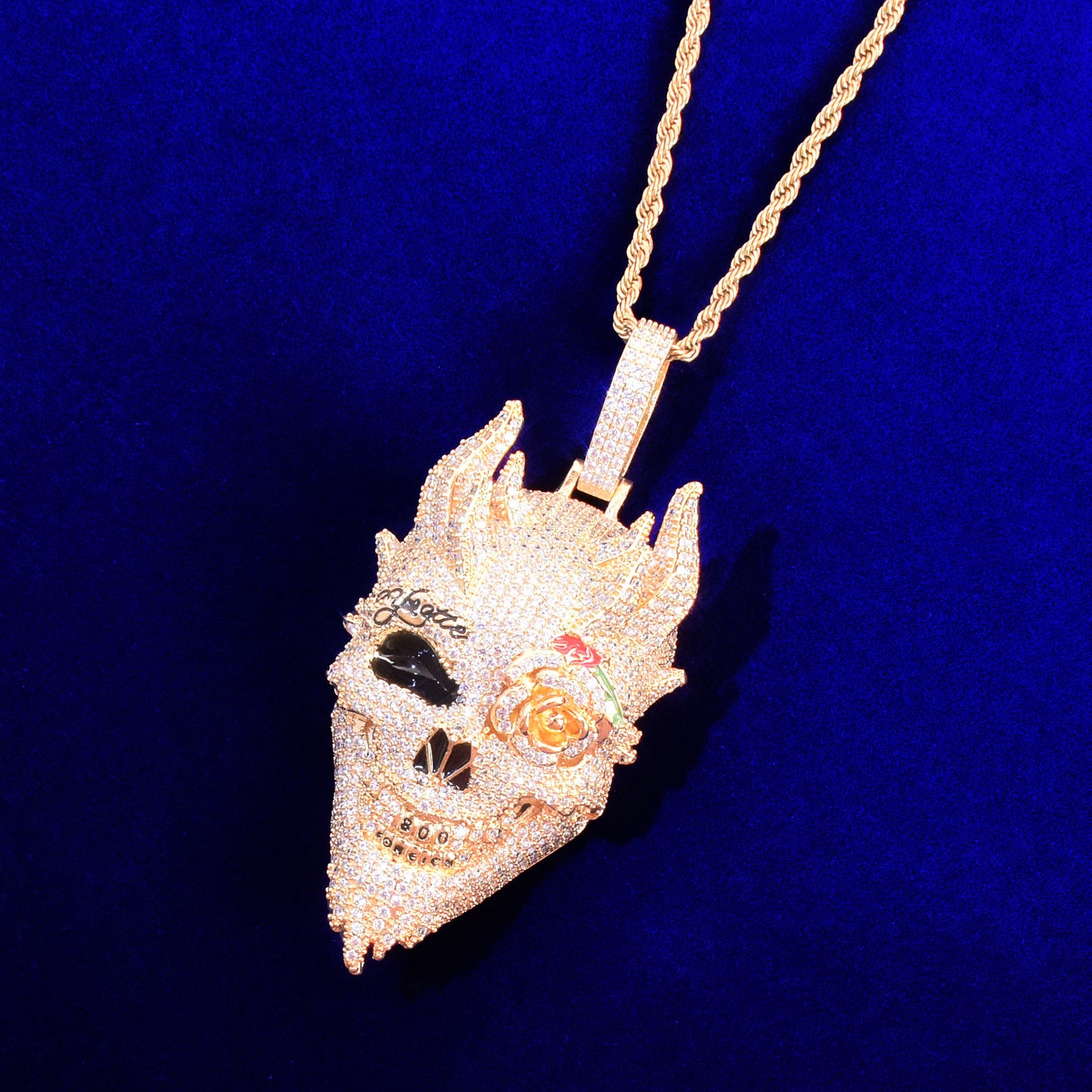 Skull Men&#39;s Pendant Cubic Zircon Gold Color Plated Hip Hop Necklace Rock Jewelry