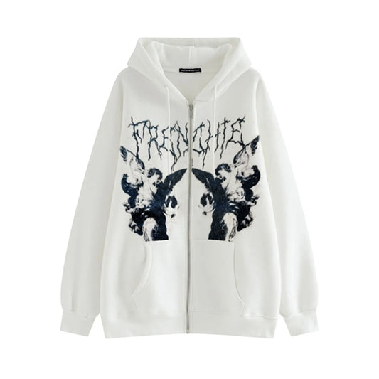 Women Hip Hop Streetwear Hoodies Autumn Winter Angel Print Jacket Coat Goth Harajuku Y2K Zipper Outwear Oversized Hoodies