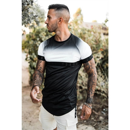 new brand men's stylish cool T-shirt, men's casual style striped hip-hop short sleeve street element printed top, wholesale