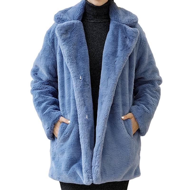 Winter Women High Quality Faux Rabbit Fur Coat Luxury Fur Coat Loose Lapel OverCoat Thick Warm Plus Size Female Plush Coats