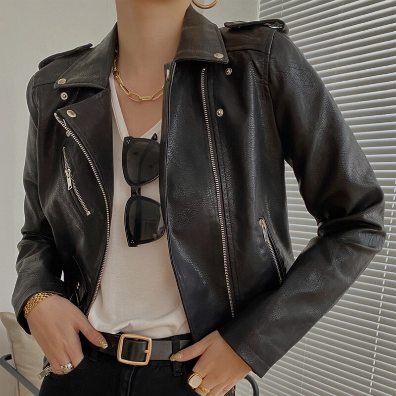 New 2022 Fashion Women's Leather Jacket Female PU Leather Jacket Motorcycle Coat Slim Faux Leather Jacket Black Red Coat