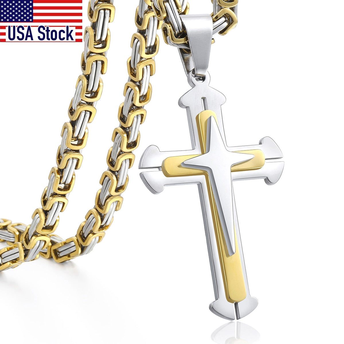 Men&#39;s Cross Necklace Gold Color Black Cross Pendant Stainless Steel Byzantine Chain Necklace 2020 Hip Hop Male Jewelry KP180