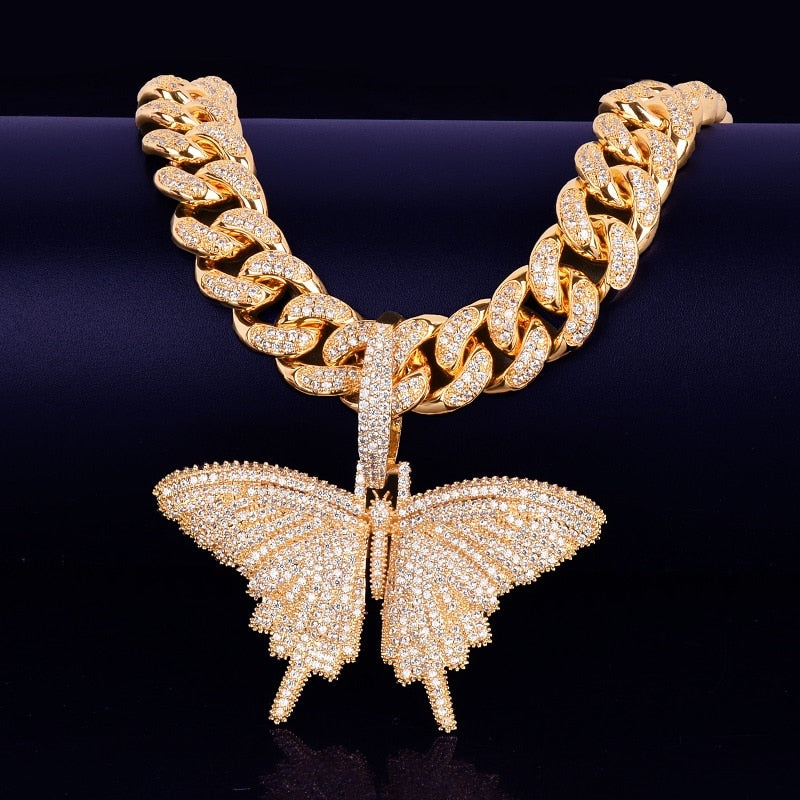 Butterfly Pendant Gold Color Plated Necklace Bling AAA Zircon Men&#39;s Hip Hop Jewelry