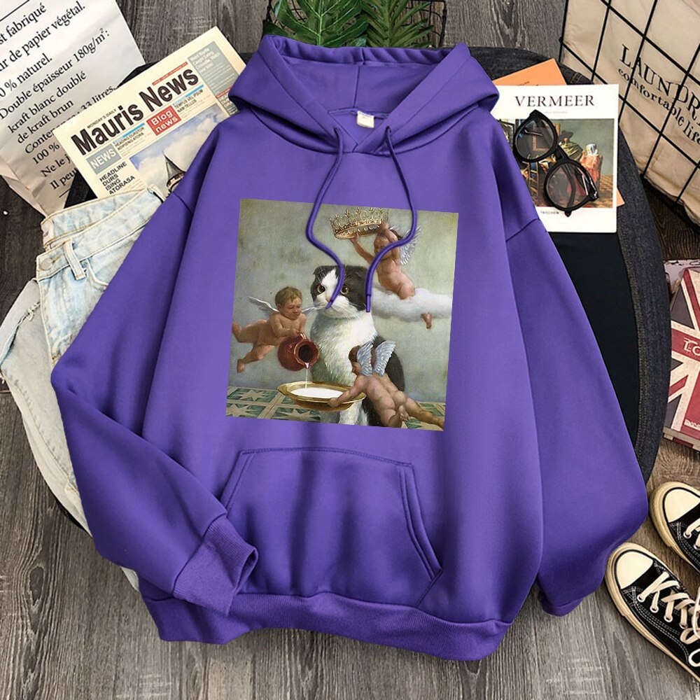 Cat And Angel Kawaii Comic Prints Woman Hooded Hip Hop Simple Hoody Comfort And Leisure Hoodie Spring 2021 Trendy Women Hoodies