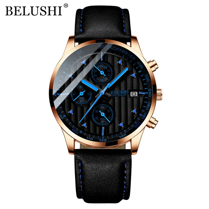 BELUSHI Fashion Leather Men Watches Chronograph Sport Quartz Watch Men Business Waterproof Luminous Wristwatch Relogio Masculino