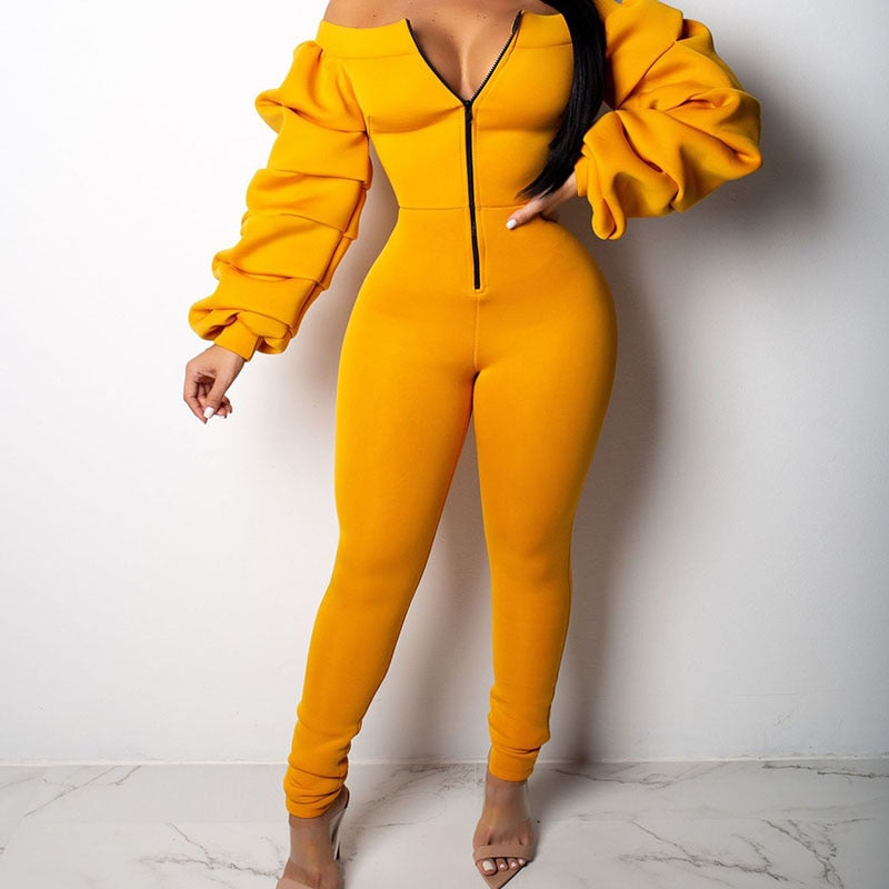 YJSFG HOUSE Women Casual Jumpsuit Zipper Front Slash Neck Off Shoulder Long Puff sleeve Rompers Yellow Overalls Female Jumpsuits