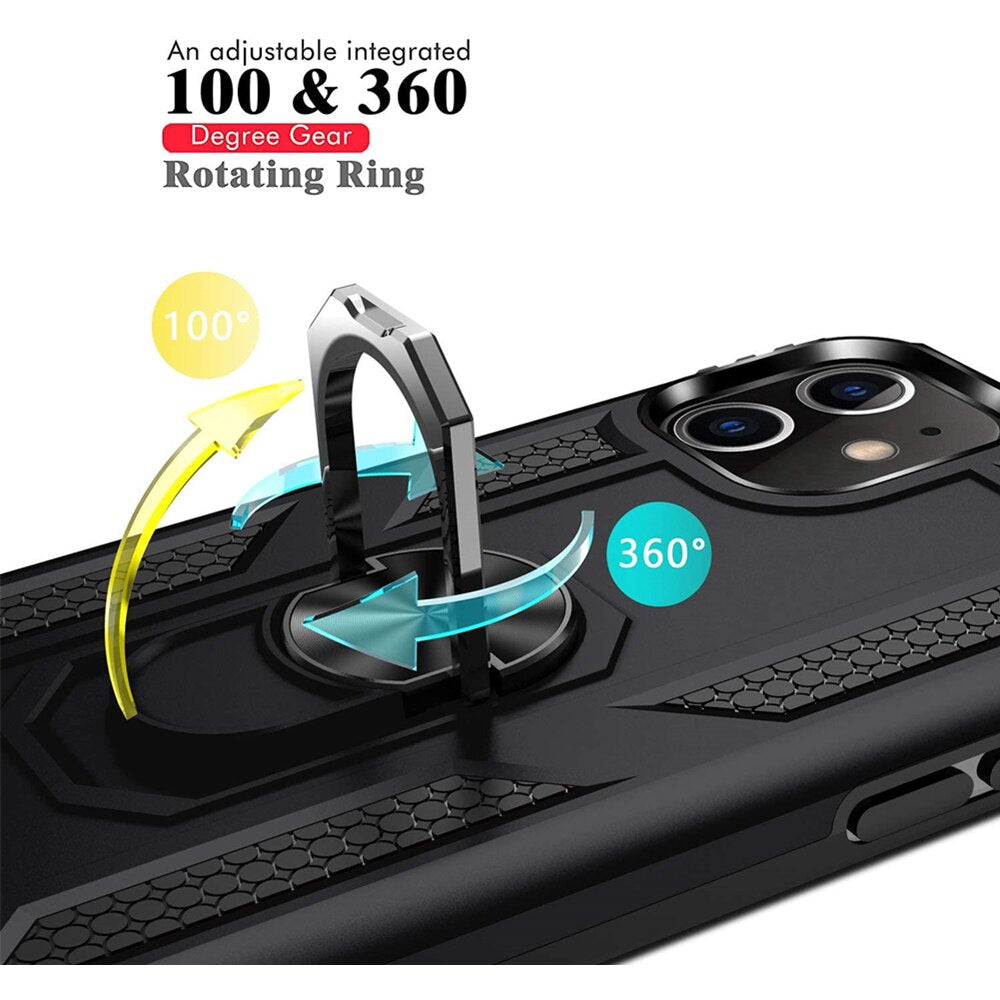 Shockproof Phone Case with 2pcs Glass For iphone 11 Pro XR X XS Max 7 8 6 6s Plus Full Cover Car Magnetic Ring Kickstand Cases