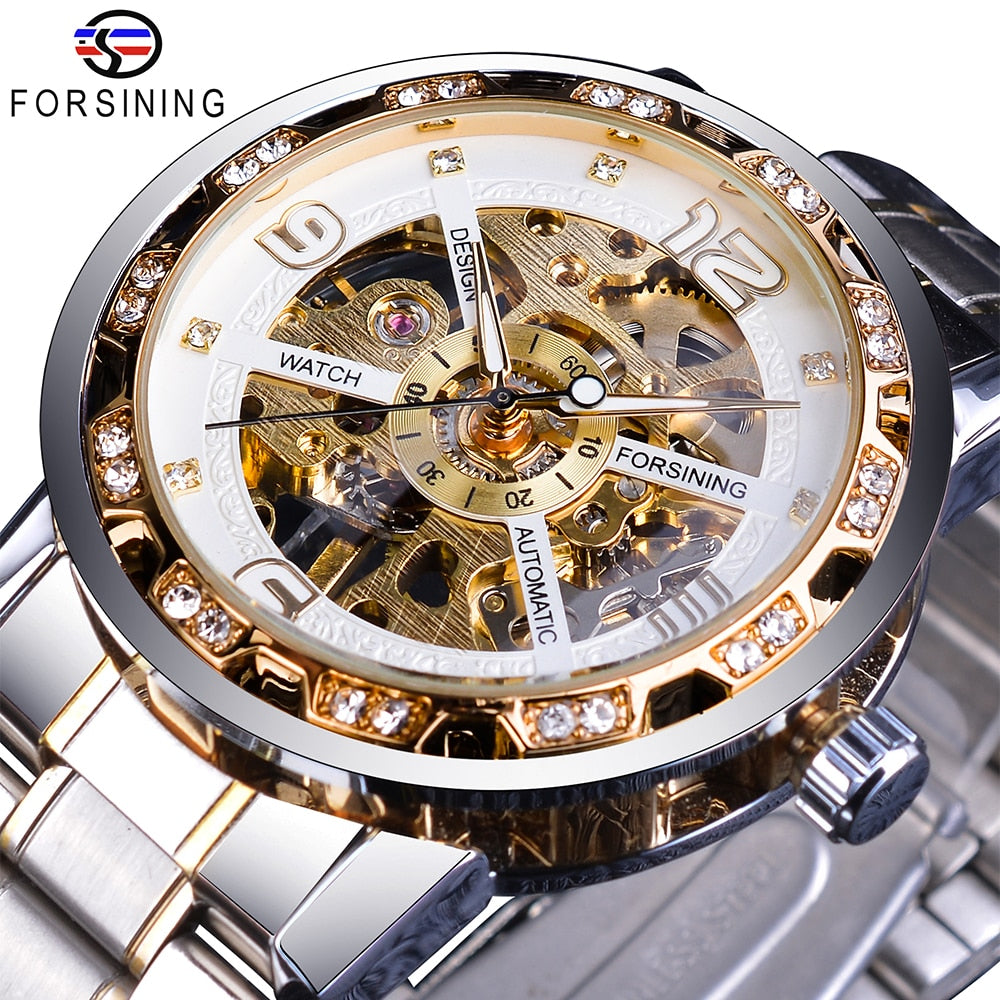 Forsining Fashion Diamond Golden Sliver Skeleton Mechanical Watch Stainless Steel Luminous Men Watches Sport Business Wristwatch