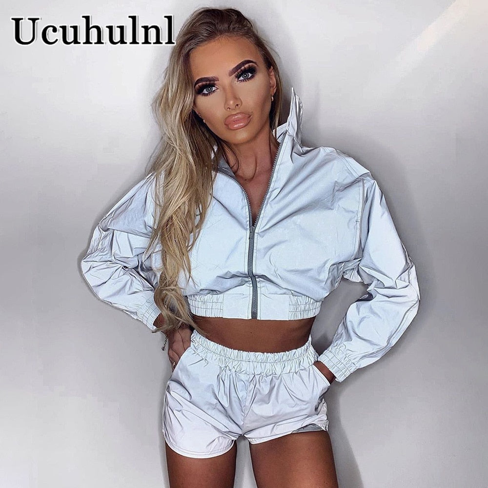 Women Tracksuit Zip Reflective Light Short Jackets Tops Casual Clubwear Sports Suit Festival Clothes Two Piece Set Pants Women