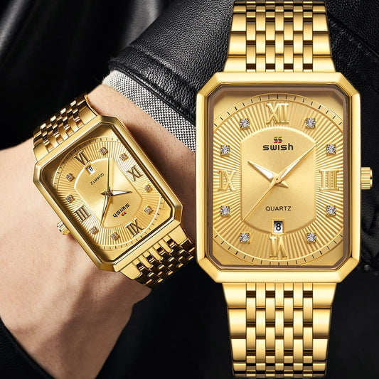 Luxury Golden Watches Men Top Brand Designer Quartz Wristwatches Creative Rectangle Diamond Watch Waterproof Relogio Masculino