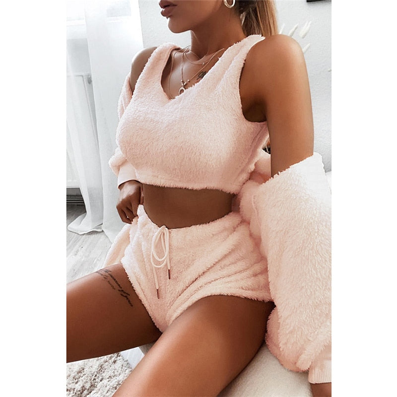 Adogirl 2020 Fall Winter Women Home Plush Suit 3 Piece Set Tank Crop Top Shorts Long Sleeve Cardigan Coat Casual Outfits