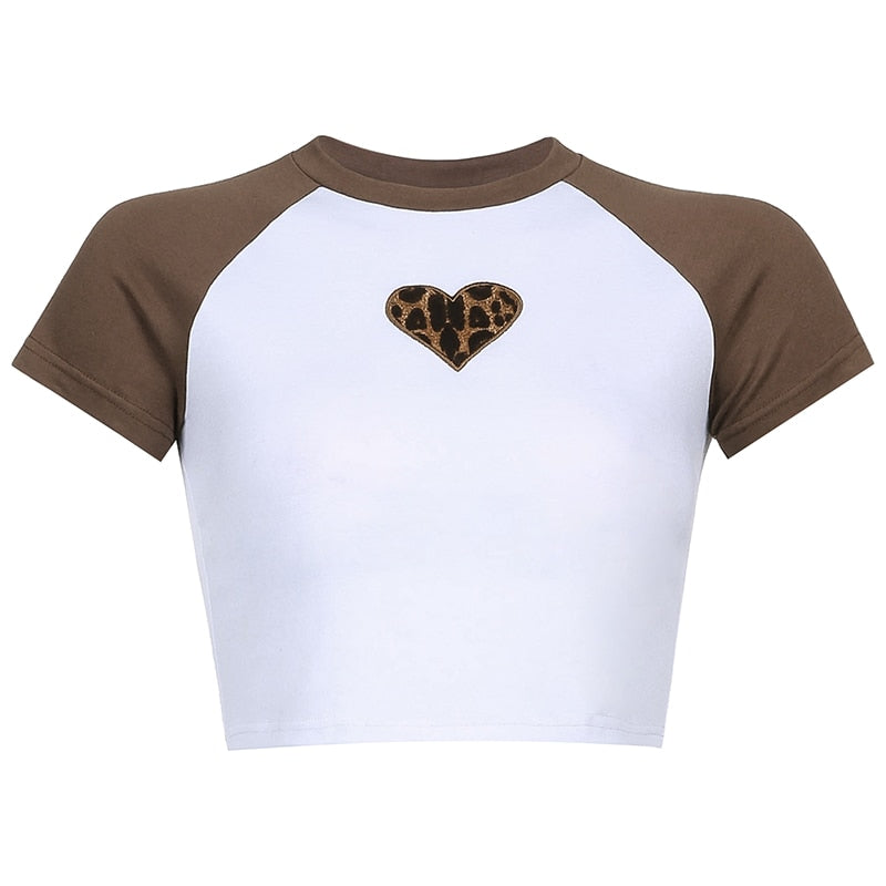 Heart Embroidery Brown Crop Tops Women Vintage Casual Patchwork Leopard Tshirts Harajuku Aesthetic 90s Tees Cuteandpsycho