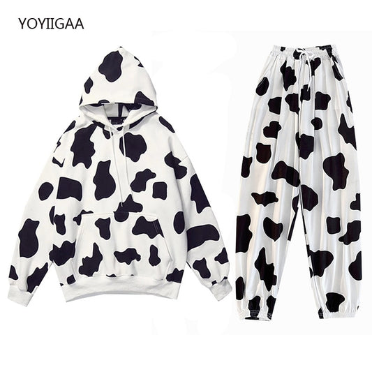 Cow Printed Women Hoodies 2 Piece Sets Autumn Winter Female Hoodie Tracksuits Thicken Warm Ladies Girls Hoodie Sweatshirt Suits