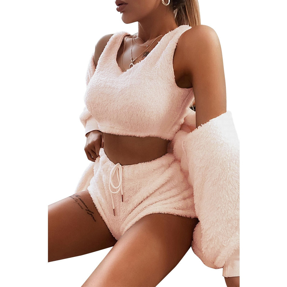 Adogirl 2020 Fall Winter Women Home Plush Suit 3 Piece Set Tank Crop Top Shorts Long Sleeve Cardigan Coat Casual Outfits