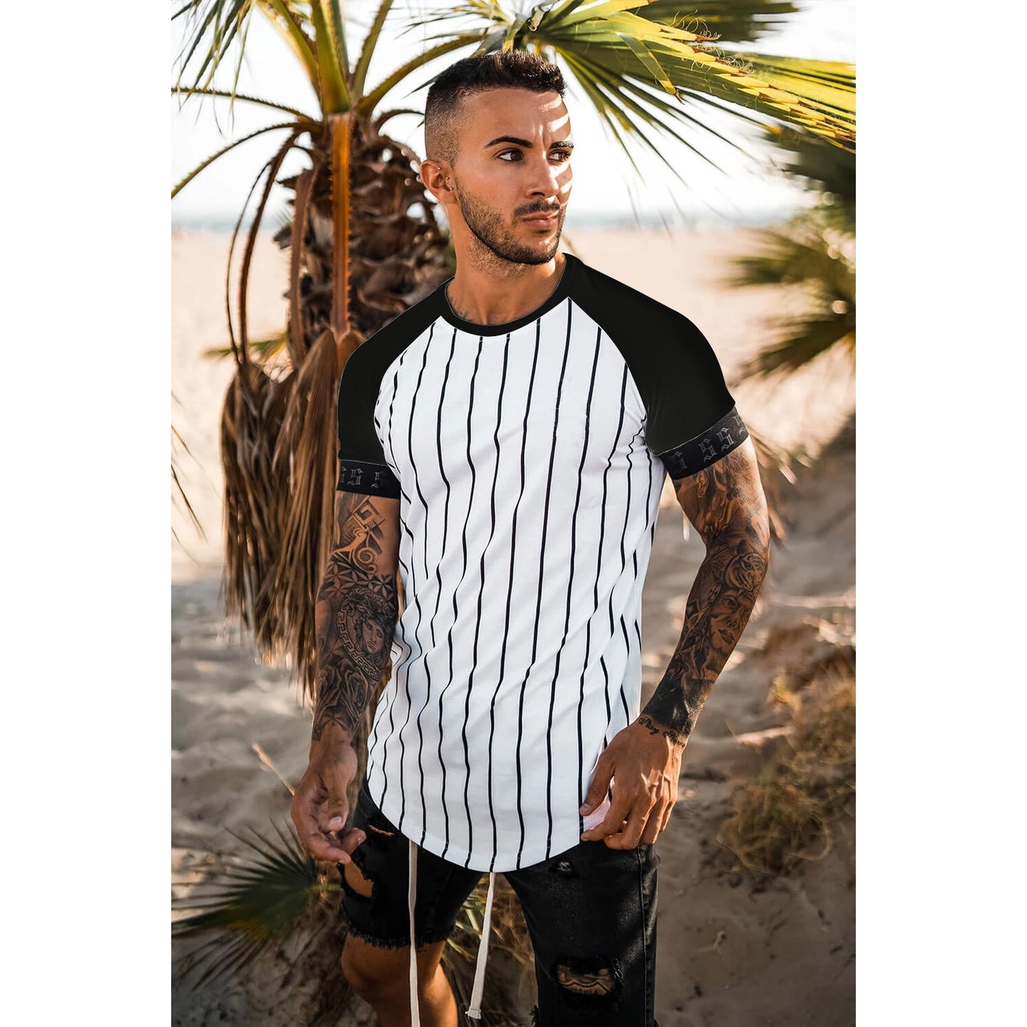 new brand men's stylish cool T-shirt, men's casual style striped hip-hop short sleeve street element printed top, wholesale