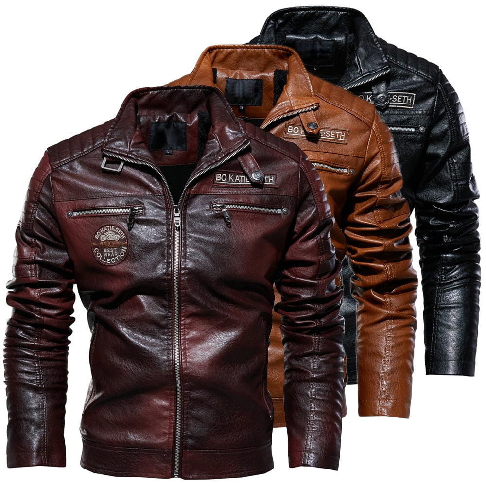 Leather Jacket Men Winter Fleece Motorcycle PU Leather Jacket Mens Stand Collar Casual Windbreaker Ropa De Hombre Slim Coat 7XL