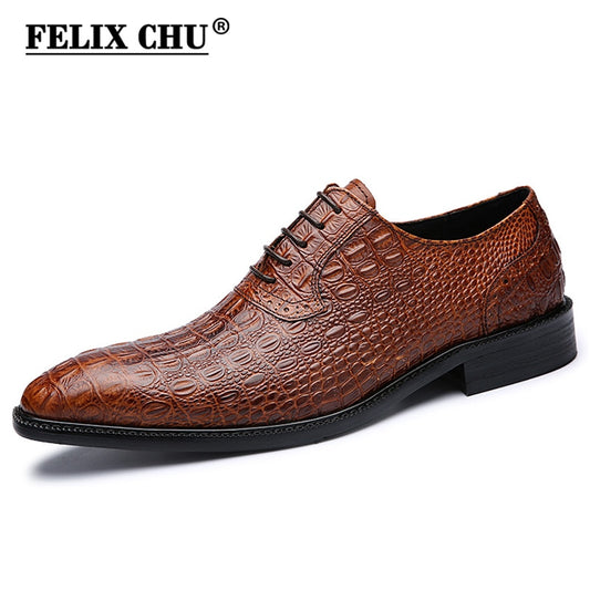 Alligator Style Mens Wedding  Shoes Lace Up Oxford Genuine Leather Crocodile Print Party Business Brown Dress Shoes for Men