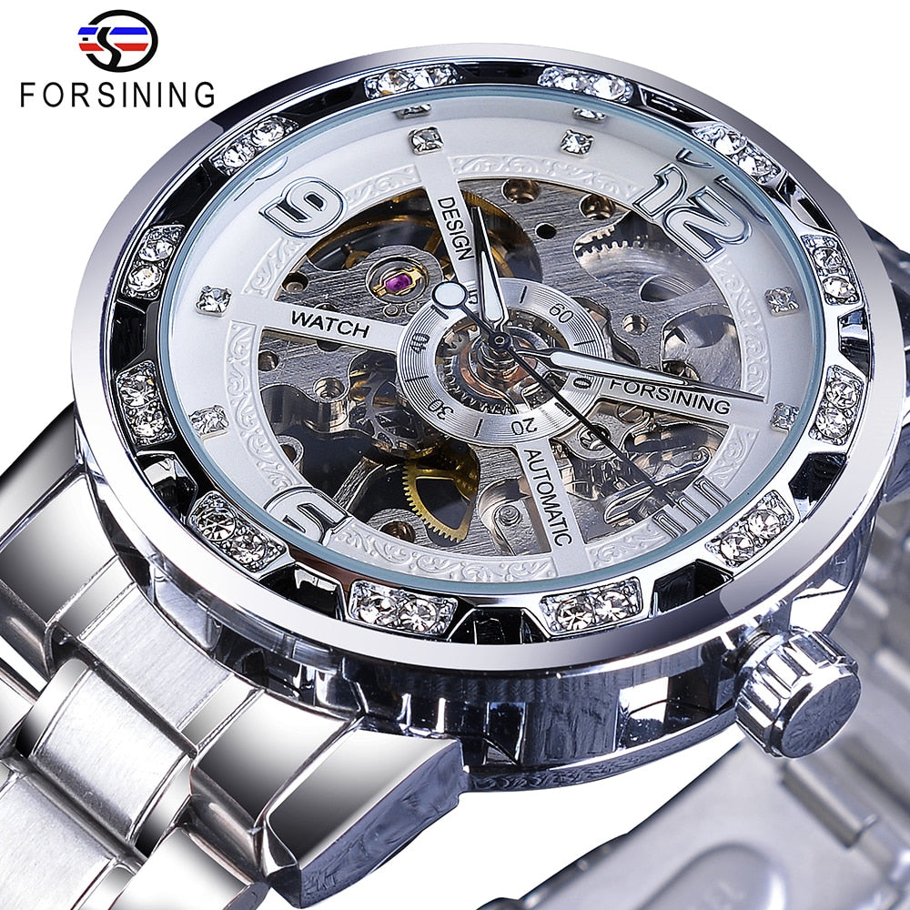 Forsining Fashion Diamond Golden Sliver Skeleton Mechanical Watch Stainless Steel Luminous Men Watches Sport Business Wristwatch