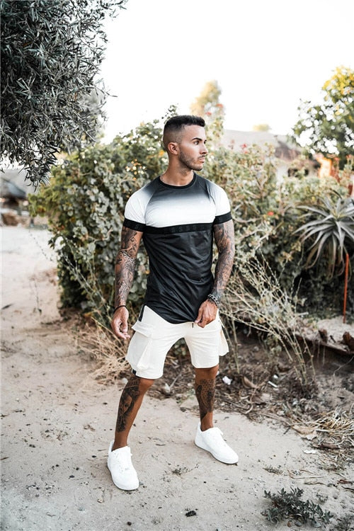 new brand men's stylish cool T-shirt, men's casual style striped hip-hop short sleeve street element printed top, wholesale