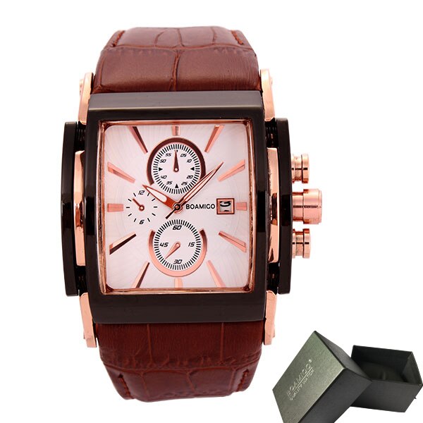 BOAMIGO men quartz watches large dial fashion casual sports watches rose gold sub dials clock brown leather male wrist watches