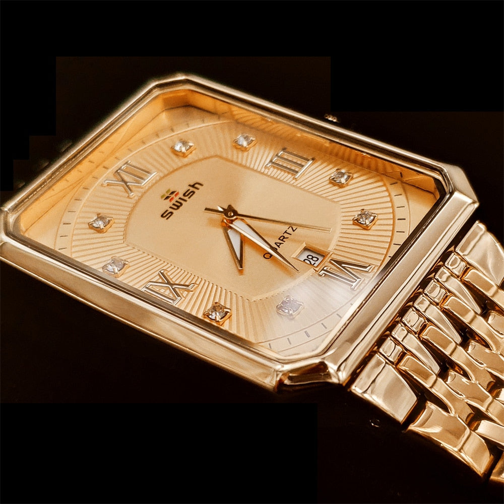 Luxury Golden Watches Men Top Brand Designer Quartz Wristwatches Creative Rectangle Diamond Watch Waterproof Relogio Masculino