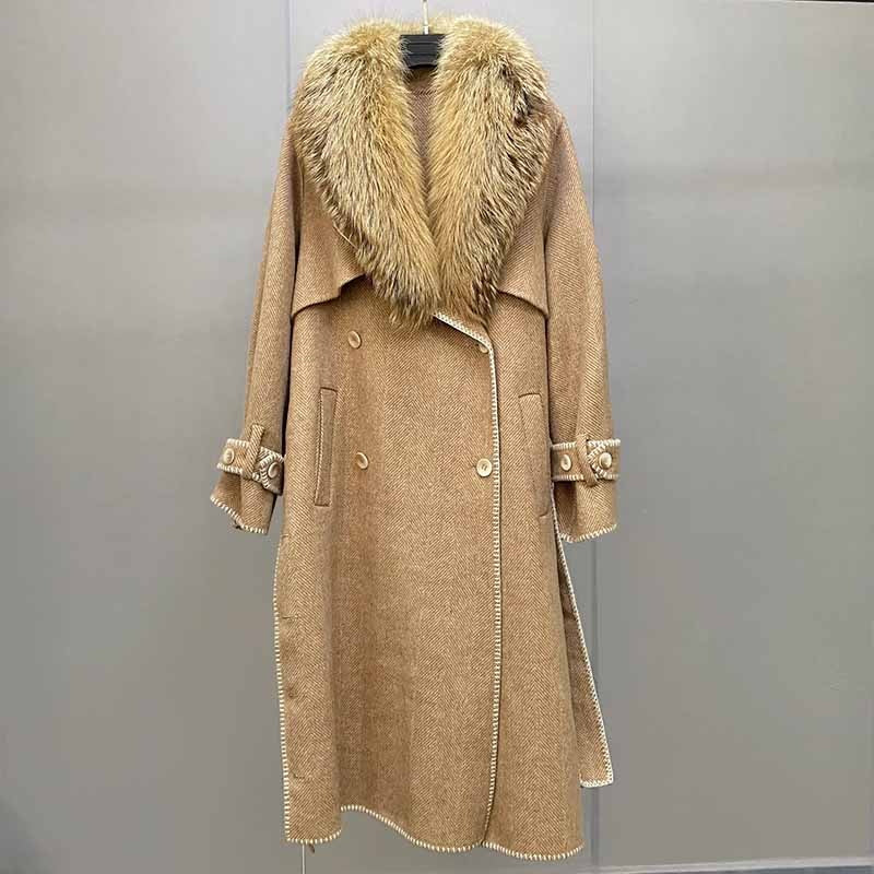 New 2021 Ladies Double-breasted Belted Genuine Wool Jacket Women&#39;s Long Trench Coat With Fox Fur Collar