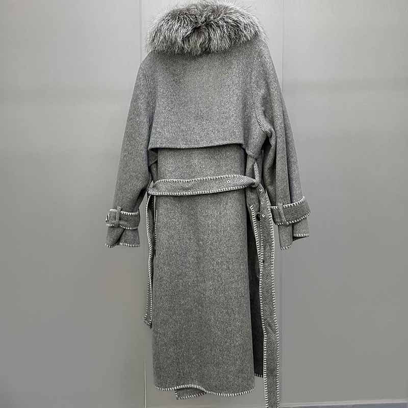 New 2021 Ladies Double-breasted Belted Genuine Wool Jacket Women&#39;s Long Trench Coat With Fox Fur Collar