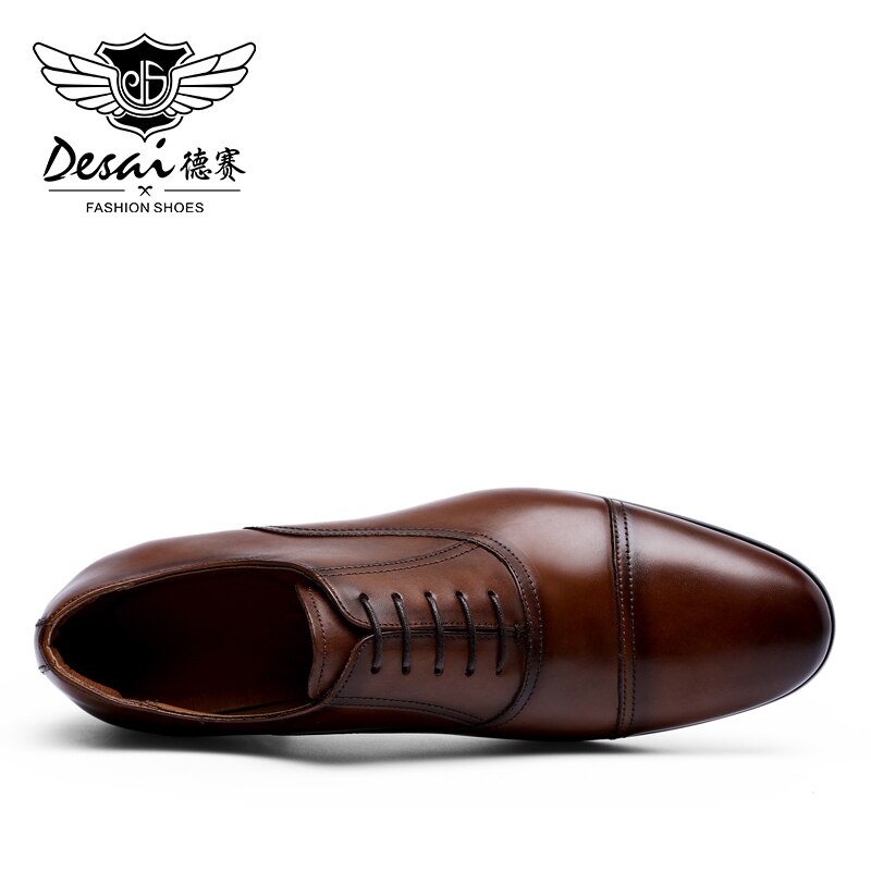 DESAI Brand Full Grain Genuine Leather Business Men Dress Shoes Retro Patent Leather Oxford Shoes For Men EU Size 38-47